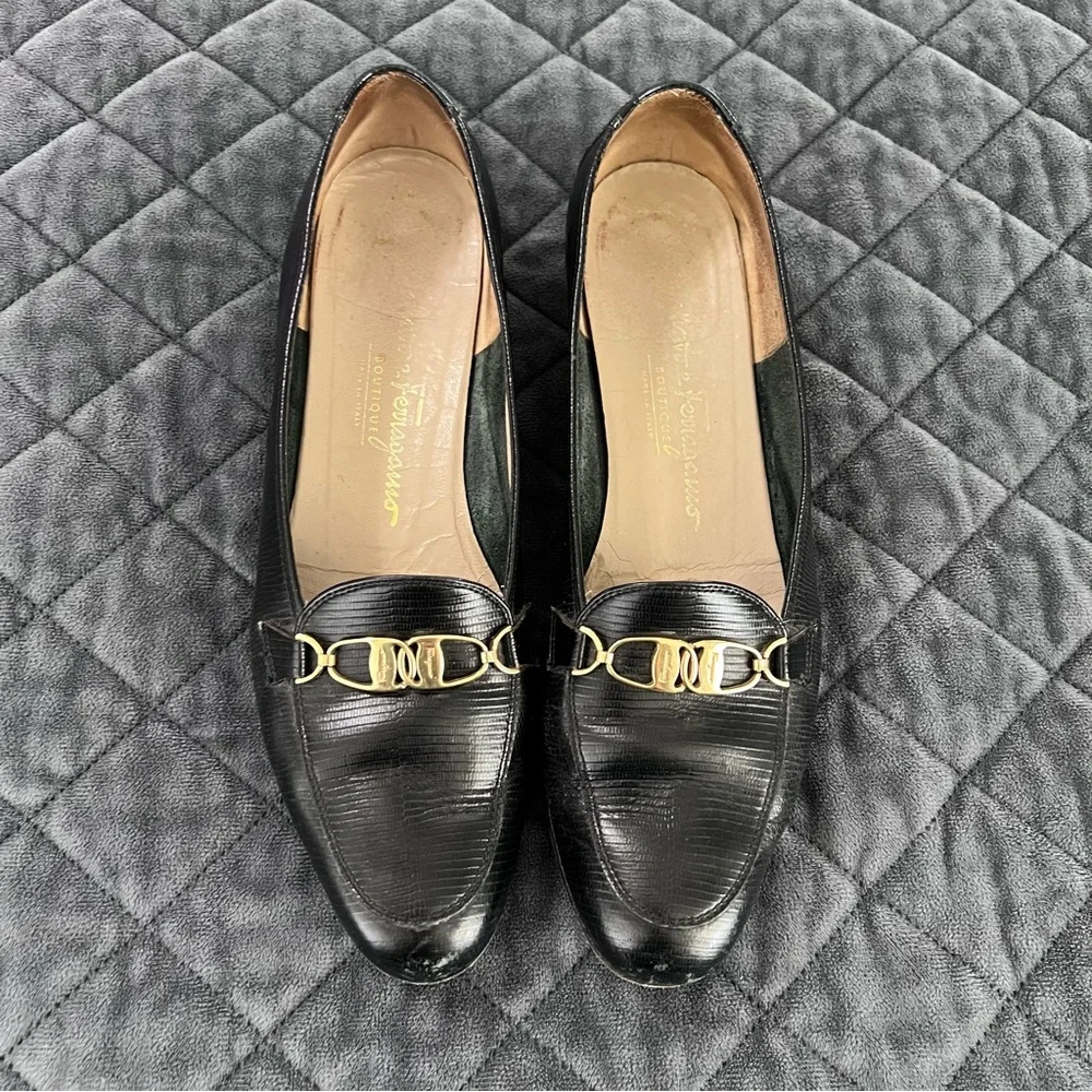 Salvatore Ferragamo Black Leather Loafers with Gold Horsebit
